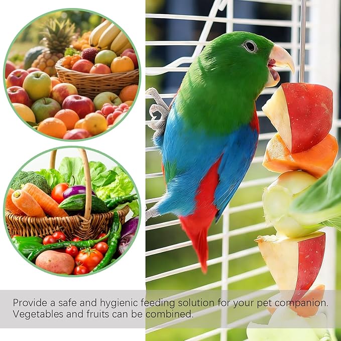 2pcs Bird Cage Food Holder with Hook Parrot Fruit Skewers Stainless Steel Birds Treats Skewer Foraging Toys for Macaw Parakeet Parrot Budgie