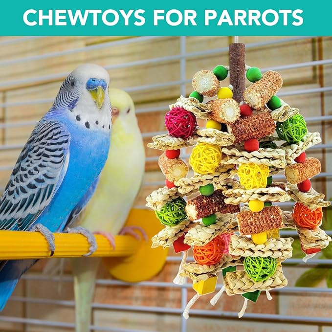 Parrot Chew Toy, Natural Material Bird Foraging Toy for Conures, Quaker Parrots, Medium-Sized Birds - Colorful Hanging Shredding Toy with Woven Ball, Corn Cob and Wooden Beads
