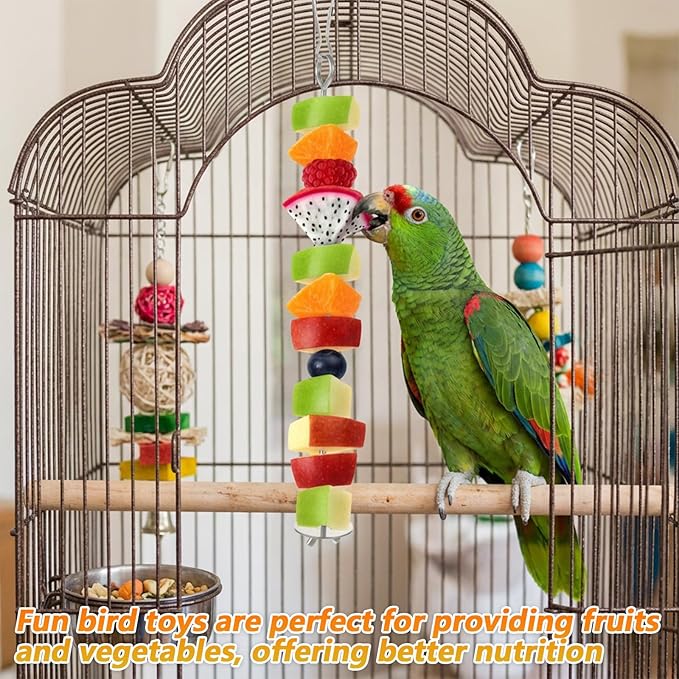 2PCS Bird Food Holder with Hook, Stainless Steel Small Fruit Feeder Animal Bird Food Treats Foraging Toy Skewer Hanging Vegetable Stick Holder Treating Tool Suitable Parrot Cockatoo Cockatiel (Silver)