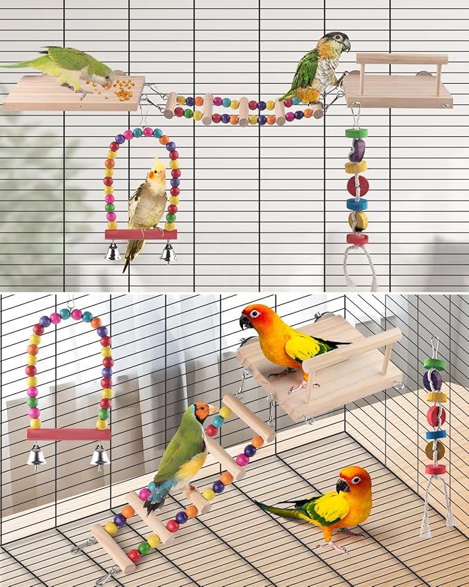 DBNESS 5in1 Bird Parakeet Toys, Detachable Birdie Perches Platform Swing with Climbing Ladder, Parrot Cage Stand Accessories, Wooden Playing Gyms for Conure Cockatiel Lovebird Finch Budgerigar Pigeon