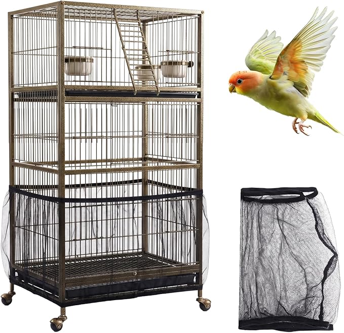 Bird Cage Cover,Bird Cage Seed Catcher,Durable Airy Nylon Mesh Net, Adjustable Birdcage Cover Skirt Seed Guard for Parrot Cockatiel Parakeet Pigeon Big Round Square Cages(Black)