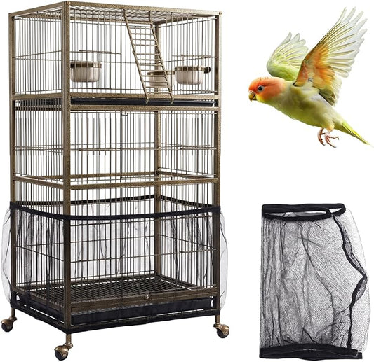 Bird Cage Cover,Bird Cage Seed Catcher,Durable Airy Nylon Mesh Net, Adjustable Birdcage Cover Skirt Seed Guard for Parrot Cockatiel Parakeet Pigeon Big Round Square Cages(Black)