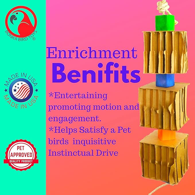 Bonka Bird Toys 3749 Big Trio Blocks N Cube Wooden Chew Toy with Rope and Blocks for Medium to Large Birds Cage Play