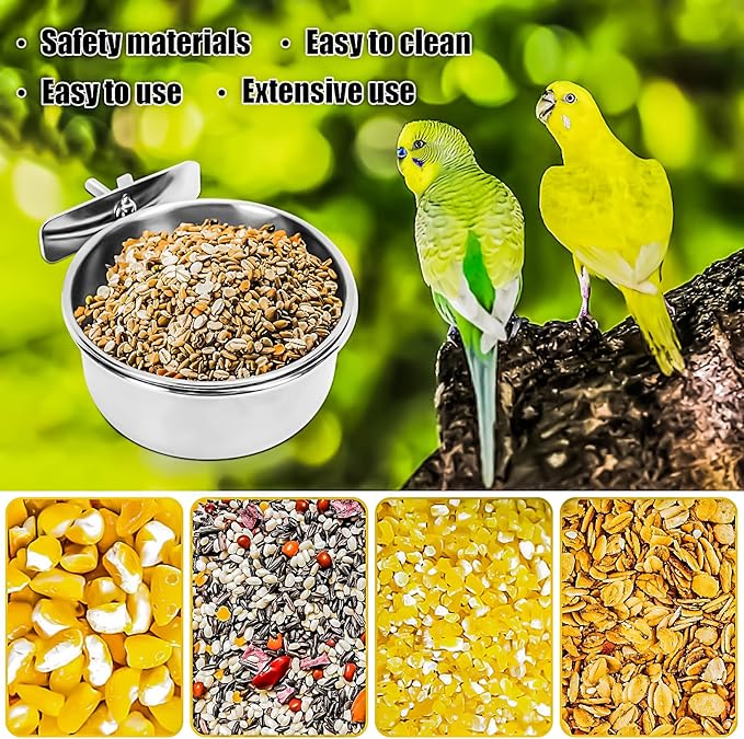 2 Pack Bird Feeding Bowls Cups Parrot Food Water Dishes, Stainless Steel Bird Bowl Cup Dish with Clamp, Birdcage Feeder Pet Cage Bowls for Cockatiel Budgie Conure Macaw Parakeet Small Animal