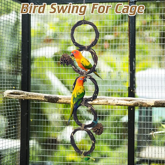 BNOSDM Bird Swing Rings Toy Natural Wood Parrot Climbing Ladder Parakeet Chewing Toys Hanging Budgie Cage Accessories for Green Cheek Conure Cockatiel Lovebird (Single Row 5 Rings)