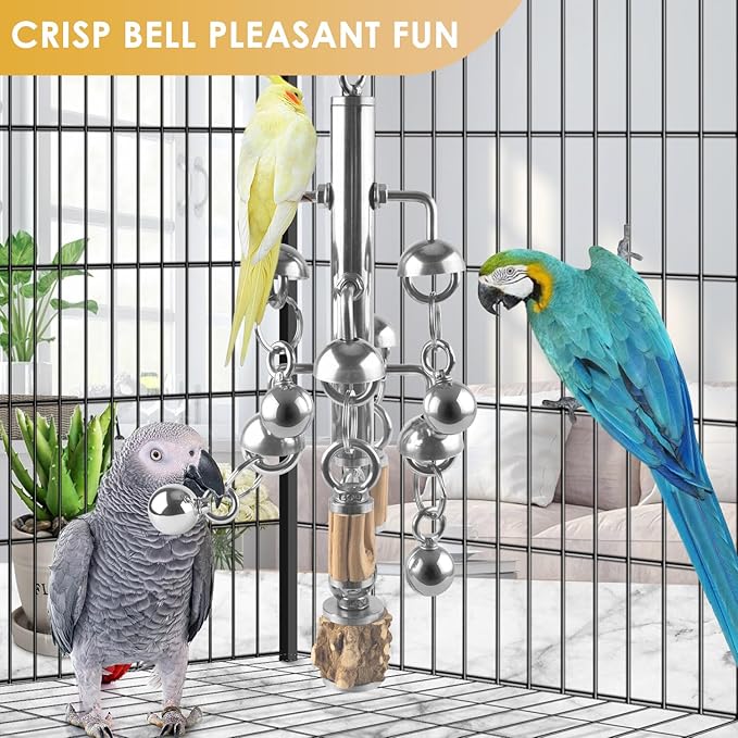 KATUMO Large Bird Toys, Natural Wooden and 304 Stainless Steel Bell Toy for Parrots, 1.46 LB Heavy Birds Cage Toy for Amazon Parrot, African Greys, Budgies, Lovebirds, Cockatiels,Cockatoo