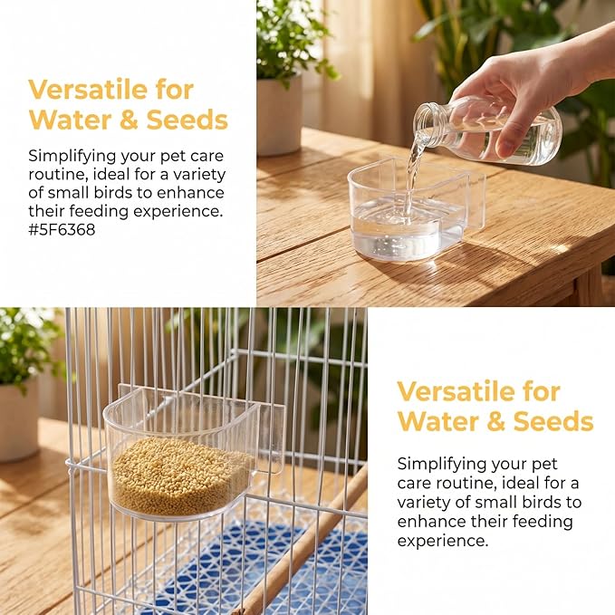 DOITOOL Bird Cage Feeder Cups, 2PCS Clear Plastic Seed Water Feeder Cups, Thickened Food Water Bowl for Pet Bird Parrot Parakeet Cages, Hanging Accessories