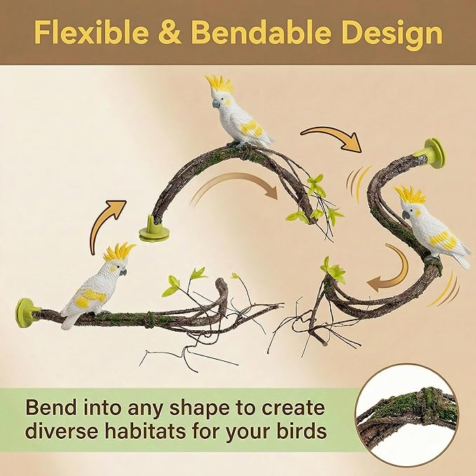 Large Natural Bird Perch for Cage, Bendable Tree Branch Parrot Perch Stand with Leaf Design, Bird Cage Accessories for Macaw, African Grey Parrot, Cockatiel, Cockatoo (Large)