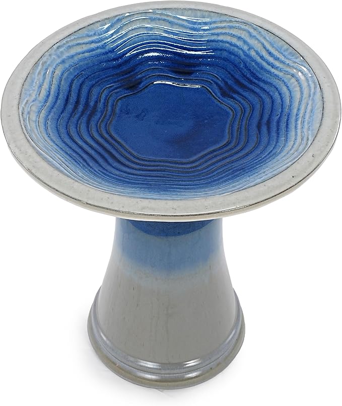 Ceramic Bird Bath for Outdoors, 18" H Weather-Resistant Birdbath for Garden Bird Watching, Pedestal Glazed Birdbaths, Sapphire Blue