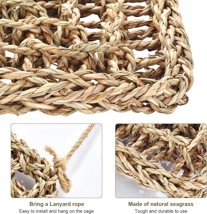 2Pcs Natural Sea Grass Parrot Mat - Foraging Chew Wall Toy with Climbing Rope & Hook, Hanging Play Pad for Lovebirds/Cockatoos/Budgerigars/Conures/Pigeons | 2 Sizes29.53x6.89 &7.48x7.48 Inches