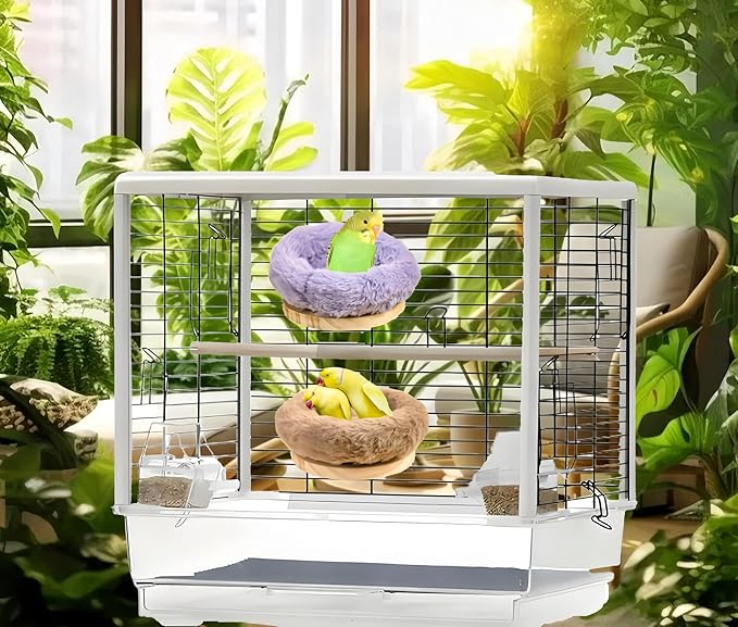 2Pcs Bird Perch Stand Platform Plush Parrot Hanging Hammock Warm Bird Nest Snuggle Hut Birds Sleeping Bed Wood Perch for Parrot,Budgies,Parakeet,Cockatiels,Conure,Lovebirds-Purple&Brown