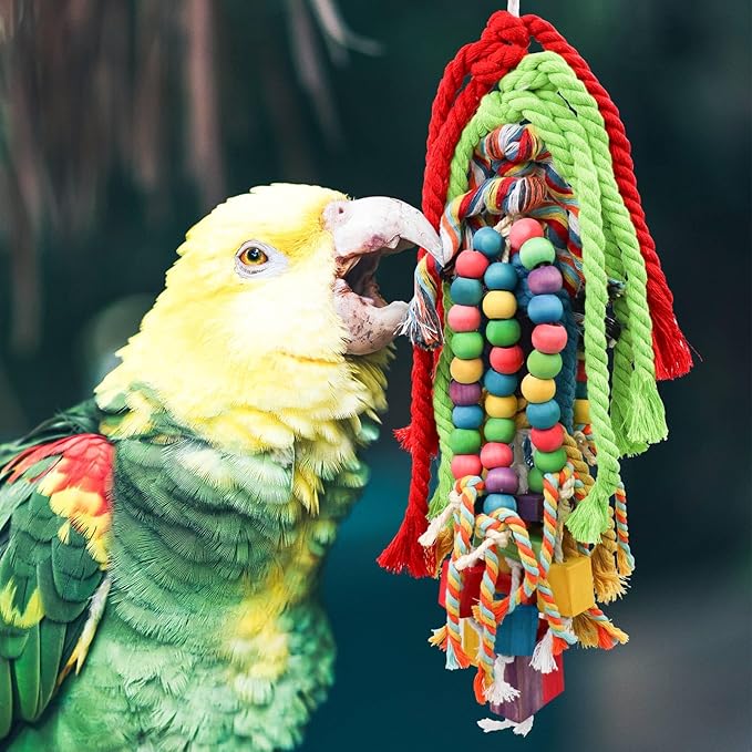 Large Bird Chewing Toys, 21.7 × 5.1 inch Parrot Shredding Wooden Block and Cotton Rope Toys, Cage Accessories for Small to Large Birds Cockatiel Parakeets Lovebirds Conure Macaw African Grey Amazon