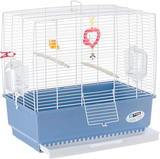 Ferplast Bird Cage Canary Cage Rekord 3, Complete with Accessories and Rotating Feeders, Sturdy White Painted Metal and Blue Plastic Bottom, 49 X 30 XH 48.5 cm