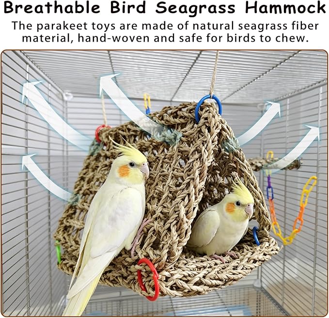 Tfwadmx Large Bird Seagrass Hammock, 3Pcs 7x11.8in Seagrass Mat for Birds, Hanging Parrot Toys, Counre House Hut Hideout for Parakeets, Lovebirds, Budgies, Cockatiels