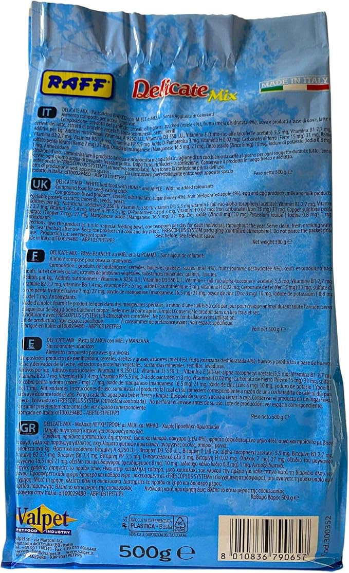 Raff Delicate Mix 500g - Bird Seed Parakeet, Nutrient-Rich for Small Parrots, Supports Feather Growth, Immune System, and Recovery During Molting and Rest Periods