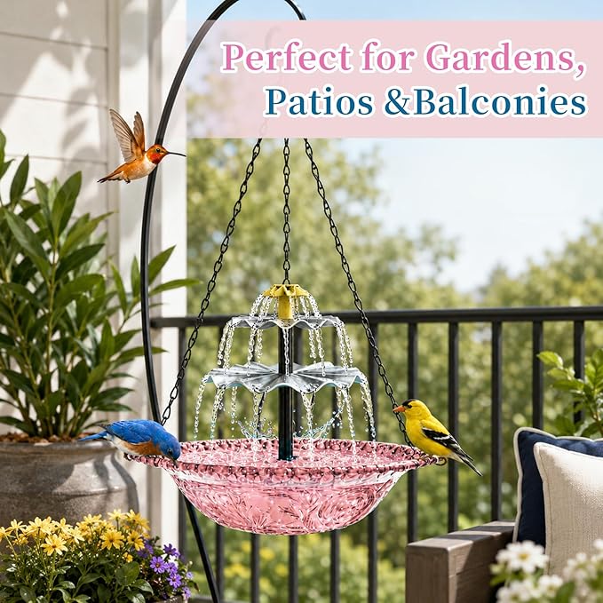 Solar Cascade Hanging Bird Bath Fountain, Large Plastic Bowl with Hanging Chain for Outside Garden Patio and Yard Decor (Pink)