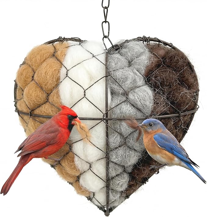 Tiezzi Handmade Alpaca Fiber Bird Nesting Heart, Refillable Bird Nesting Material Holder for Wild Birds & Hummingbirds, Outdoor Garden Decor Gift for Bird Lovers