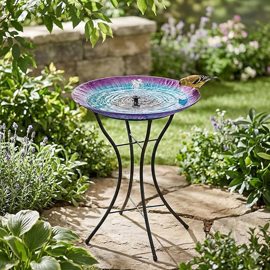 Regal Art & Gift 23" Bird Bath with Fountain - Durable Glass Bowl with Heavy-Duty Metal Stand, Easy to Fill, Ideal for Patio, Porch & Garden Décor - Purple