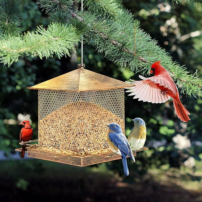 Bird Feeders for Outdoors Hanging - Large Capacity Heavy Duty Metal Squirrel Proof Wild Bird Feeders for Cardinal, Sparrow, Finch Etc in Backyard Garden