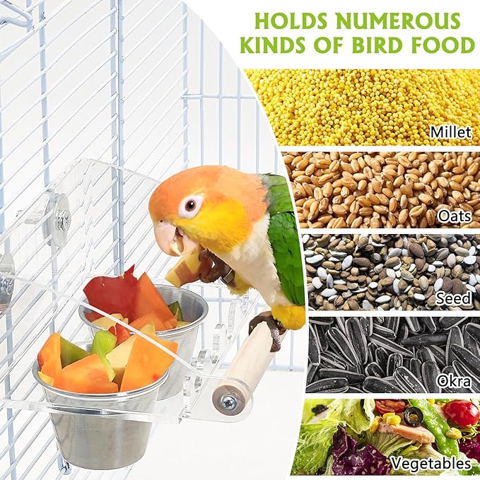 BNOSDM Bird Feeder for Cage with Double Stainless Steel Food & Water Bowls Anti-Slip Wood Perch Stand with No Mess Acrylic Seed Catcher for Parrot, Budgie, Parakeet, Lovebird, Canary, Finch,Conure
