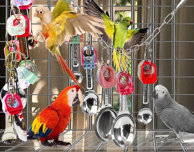 Bird Chew Toys, Shiny Stainless Steel Spoon and Colorful Acrylic Rings Cage Toys, for Medium Large Macaws Parakeets Cockatoos Amazon Conures Budgie Lovebirds Finches African Grey Parrot