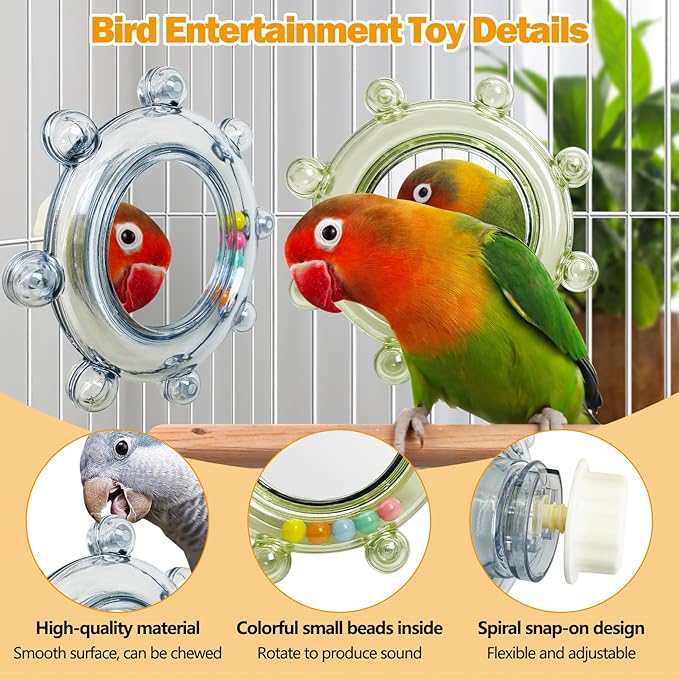 Hamiledyi Bird Rotating Toys with Mirror Interactive Spinner Rattle Parrot Toy Birds Chewing Toy Parakeet Cage Accessories for Entertainment Suitable for Conure Cockatiel Lovebird(Blue and Green,2PCS)