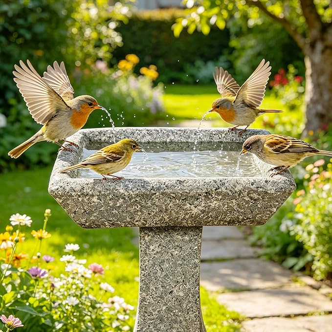 SKYFIRE 22.8" Tall Square Bird Bath, Concrete Freestanding Pedestal Birdbath, Modern Granite-Look Outdoor Bird Bath Bowl for Garden, Patio, Yard & Lawn Decor - 15" Dia. x 22.8" H