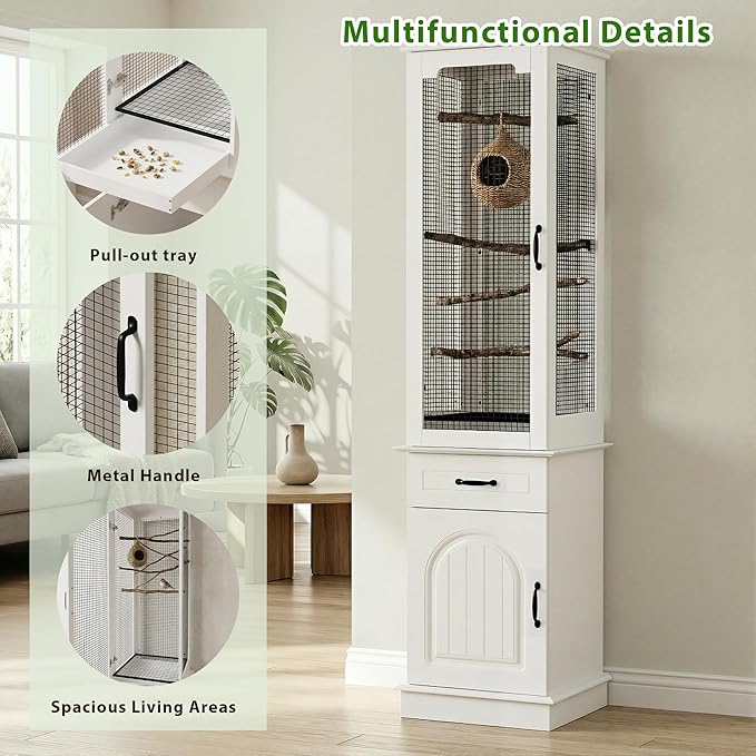 Modern White Tall Bird Cage with Storage Cabinet & Drawer, Elegant Flight Parrot Cage with Slide-Out Tray, Stylish Safe Bird Cages House for Parakeets, Cockatiels, Finches