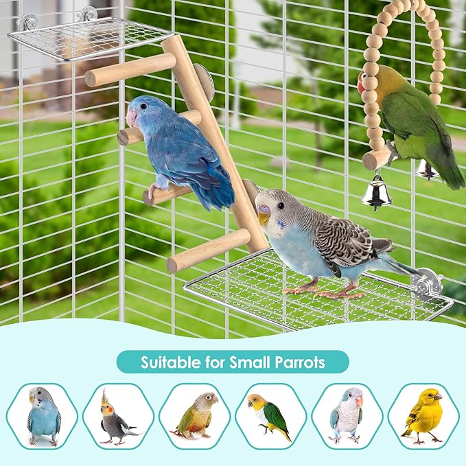 DBNESS 4Pcs Bird Perches Toys, Stainless Steel Perch Platform (2 Sizes), Natural Wood Parrot Climbing Ladder & Swing with Bell, Play Gym Cage Accessories for Budgie Cockatiel Lovebird Canary Conure