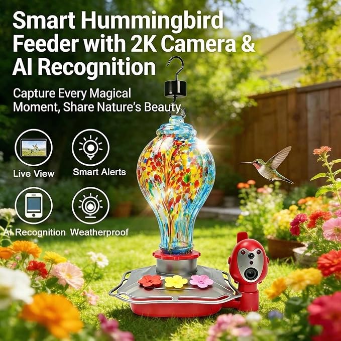 Hummingbird Feeder with Camera, Smart Glass Humming Bird Feeder Camera Solar Powered, AI Identify and Instant Notifications, 2K Live View, Leak-Proof Ant & Bee Proof