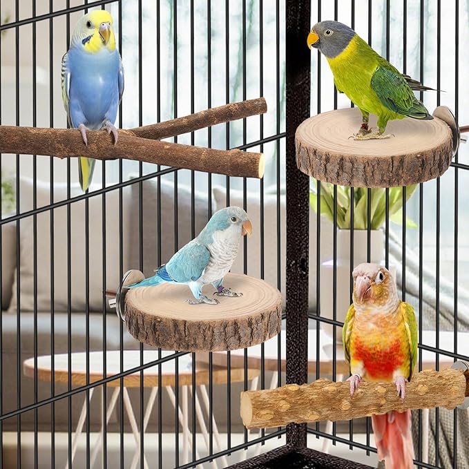7-Piece Bird Perches for Cage- Wooden Parrot Stand with Fork Toys, Hanging Multi-Branch Platform, Hammock Swing, Gym Playstand & Chewing Toys - for Parakeets, Budgies, Lovebirds - Durable