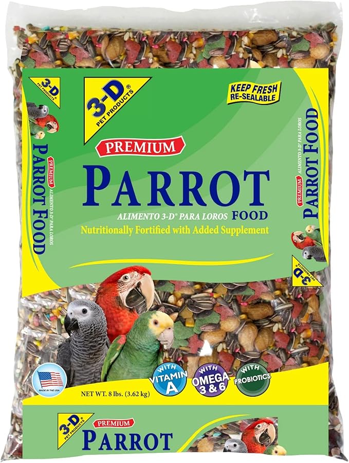 3-D Pet Products Premium Parrot Bird Food Seeds, with Probiotics, Excellent for Parrots, Cockatoos and Macaws 8 lb. Bag