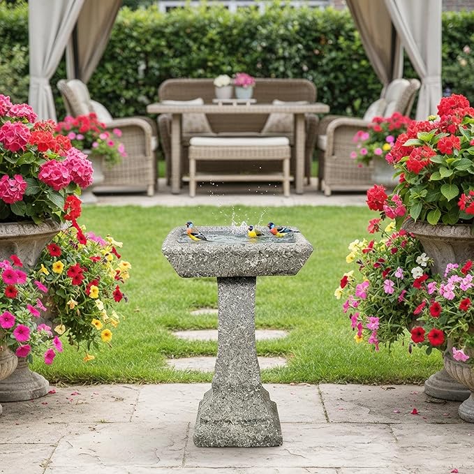 SKYFIRE 22.8" Tall Square Bird Bath, Concrete Freestanding Pedestal Birdbath, Modern Granite-Look Outdoor Bird Bath Bowl for Garden, Patio, Yard & Lawn Decor - 15" Dia. x 22.8" H