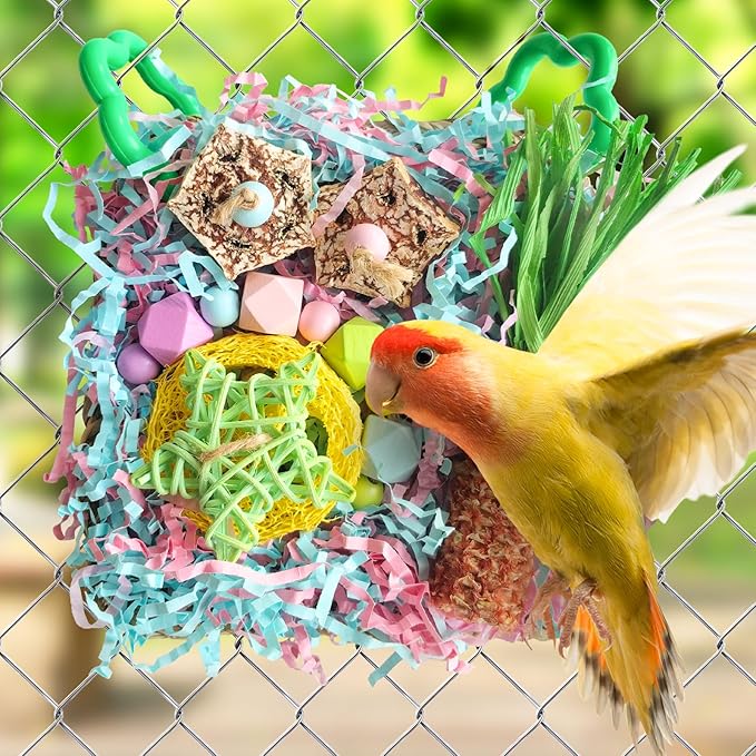 Parakeet Toys, Bird Toy Conure Grass Mat Budgie Shredder Hanging Set Cockatiel Foraging Toys Parrot Climbing Wall Toy Lovebird Cage Accessories for Small Birds