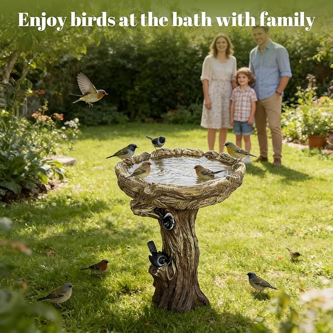 SKYFIRE Bird Baths for Outdoor - 23" Tall Pedestal Birdbath with Bird, Fibre Reinforced Concrete with Woodland Tree Trunk Décor, Modern and Durable,Bird Bath for Outside, Garden, Patio, Lawn, Backyard