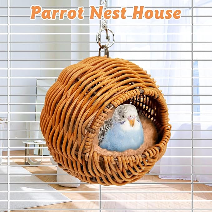 BNOSDM Rattan Parrot Nesting House Bird Nest Parakeet Hanging Swing Soft Lovebird Warm Bed Sleeping for Parrots Bird Cage Accessories for Cockatiels Budgerigars Finches Canaries (Khaki & Brown)