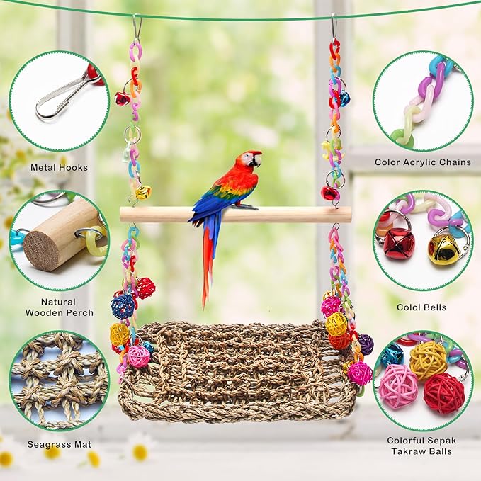 Bird Swing Mat with Wood Perch, AHIER Seagrass Bird Hammock for Conures with Chewing Toy for Parakeets, Budgie, Cockatiel Cage Accessories