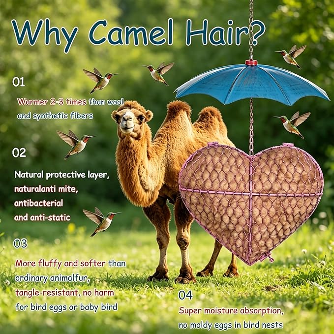 Camel Wool Handmade Alpaca Fiber Bird Nesting Heart - Refillable Material Holder for Wild Birds and Hummingbirds - Garden Art & Winter Shelter for Bird Lovers