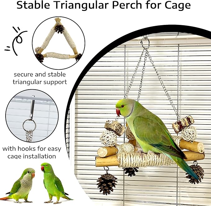 Large Bird Swing for Cage with Chew Toys, 3 Sisal-Wrapped Bird Perches & Stable Triangle Design, Wooden Hanging Quaker Toy Swing for Medium-Sized Bird Cockatiel Ring-Necked Caique Balance Training (L)