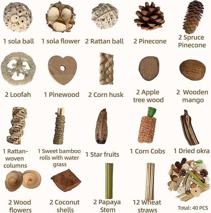 40PCS Natural Foraging & Chew Parrot Toy,Shredding Box for Parakeets, Cockatiels, Conures & Lovebirds and Other Small to Medium Birds (Large)