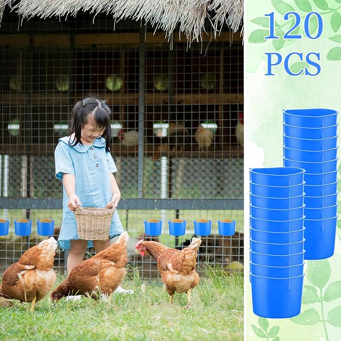 Ziliny 120 Pcs Cage Cups Chicken Birds Feeder Cups Plastic Hanging Chicken Feeders and Waterers 8 oz Feeding Bowl for Gamefowl Supplies Pet Pigeon Poultry Parrot Parakeet Rooster Rabbit(Blue)