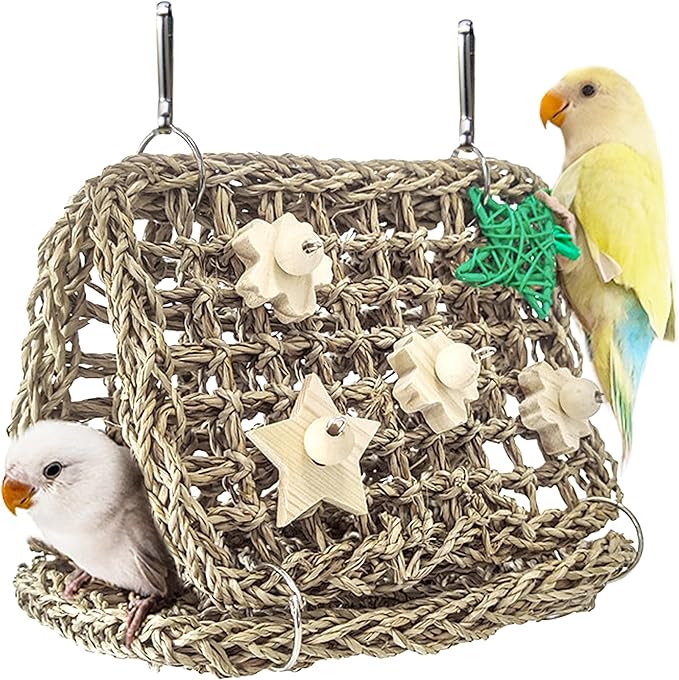 Seagrass Handwoven Bird Bed for Cage, DIY Parakeet Nest & Climbing Ladder, Breathable Bird Hammock Tent with Chewable Toys, Cozy Parrot Sleeping Hut for Small Medium Birds Like budgies Lovebirds