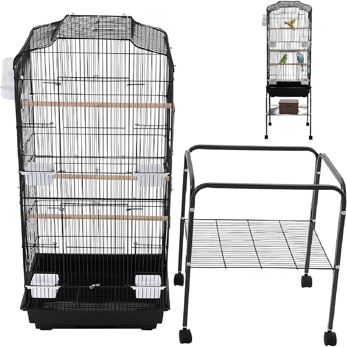 Large Bird Cage with Stand & Wheels, Freestanding Parakeet Birdcage with Feeding Bowls & Waterer, 54 Inch Bird Flight Cages for Parrot Canaries Cockatiels Budgie Parrotlet (Black)