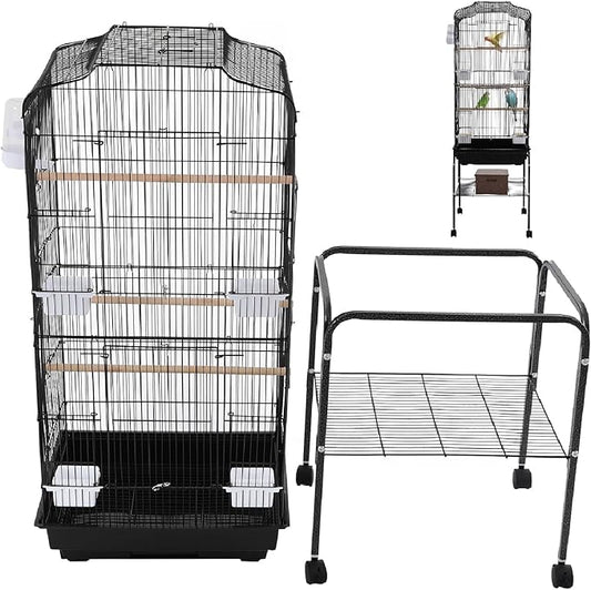 Large Bird Cage with Stand & Wheels, Freestanding Parakeet Birdcage with Feeding Bowls & Waterer, 54 Inch Bird Flight Cages for Parrot Canaries Cockatiels Budgie Parrotlet (Black)