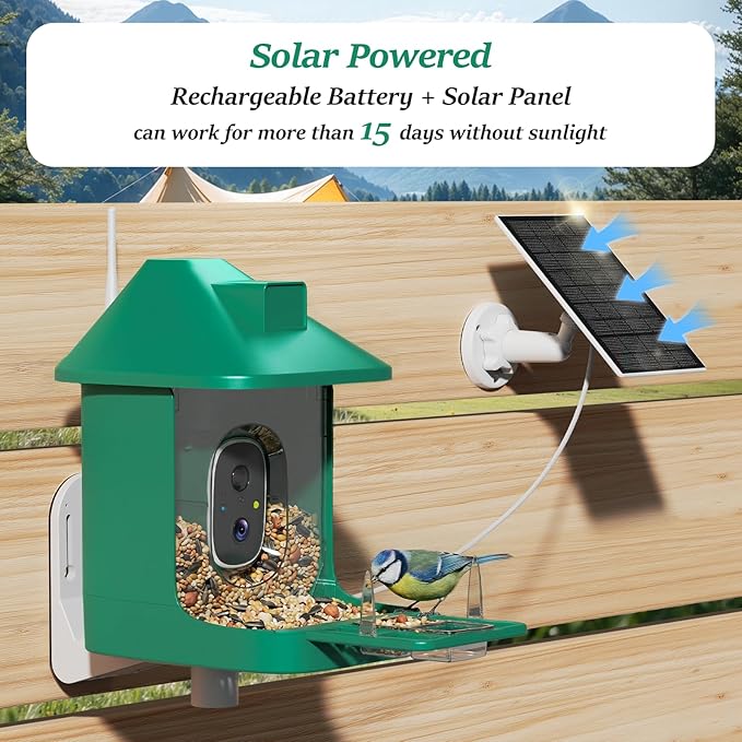 Bird Feeder with Camera,2K Live View,WiFi Smart Bird House with Cam Solar Powered for Outdoor,Night Vision,AI Identify,Auto Record Video,Real-Time App Alerts,Birdwatching Gifts for Family,Birds Lover