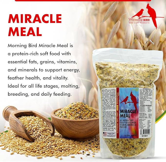 Morning Bird Miracle Meal 1.5 lbs – Vitamin Fortified Soft Bird Food for Birds - All-Natural No Artificial Dyes, Flavors or preservatives - Supports Feather Strength, Breeding & Overall Wellness