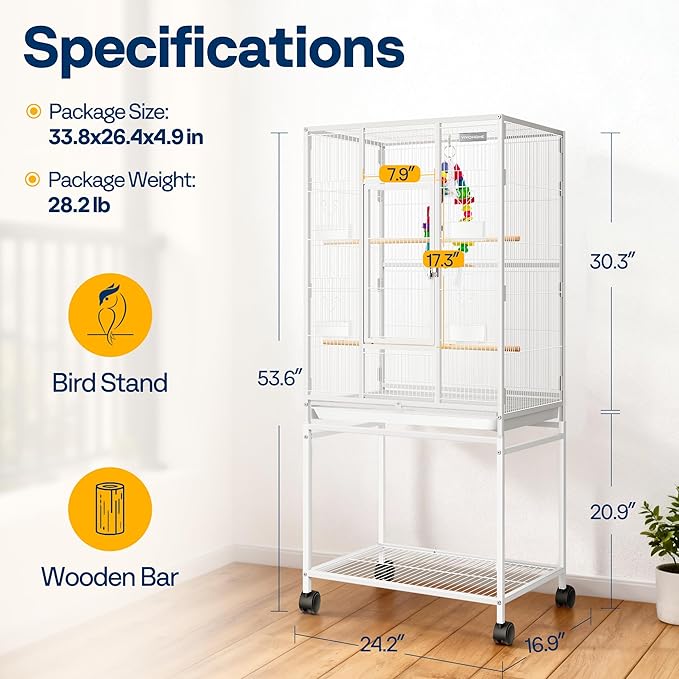 VIVOHOME 54 Inch Wrought Iron Large Bird Flight Cage with Rolling Stand for Parakeets Canaries Cockatiels Lovebirds Conures, White