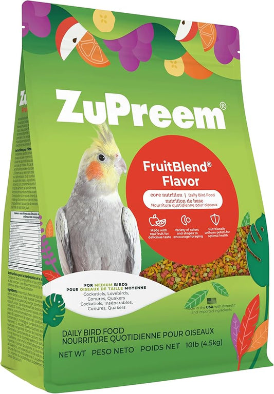 ZuPreem FruitBlend Bird Pellets, Daily Bird Food for Cockatiel, Lovebird, Quaker, Small Conure, Lorikeet, Core Nutrition for Medium Birds, Cockatiel Pellets, Conure Bird Food (M, 10 lbs)
