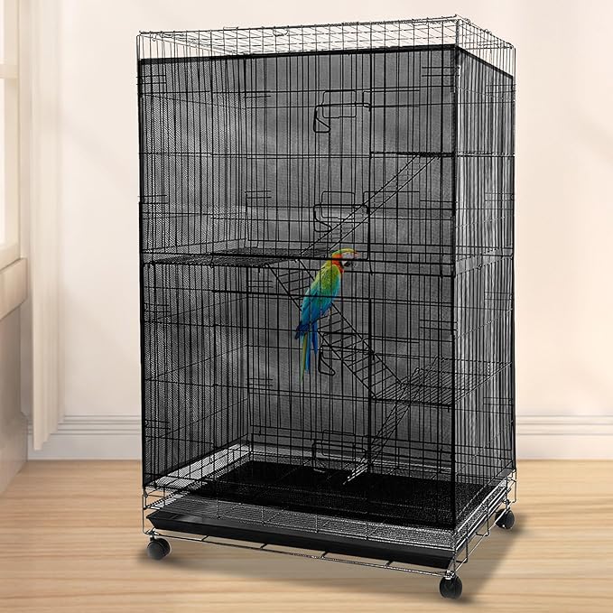Adjustable Birdcage Seed Feather Catcher Bird Cage Net Cover Soft Skirt Guard Birdcage Nylon Mesh Netting for Parrot (118 x 39.4 Inch) (Black)