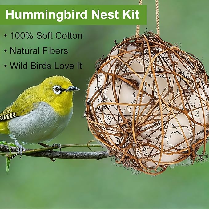 winemana Bird Nesting Material Holder for Hummingbirds, 3 Pack Natural Nesting Balls with Cotton Fibers for Wild Birds Outdoor Hummingbird House Gift for Bird Lovers Refillable